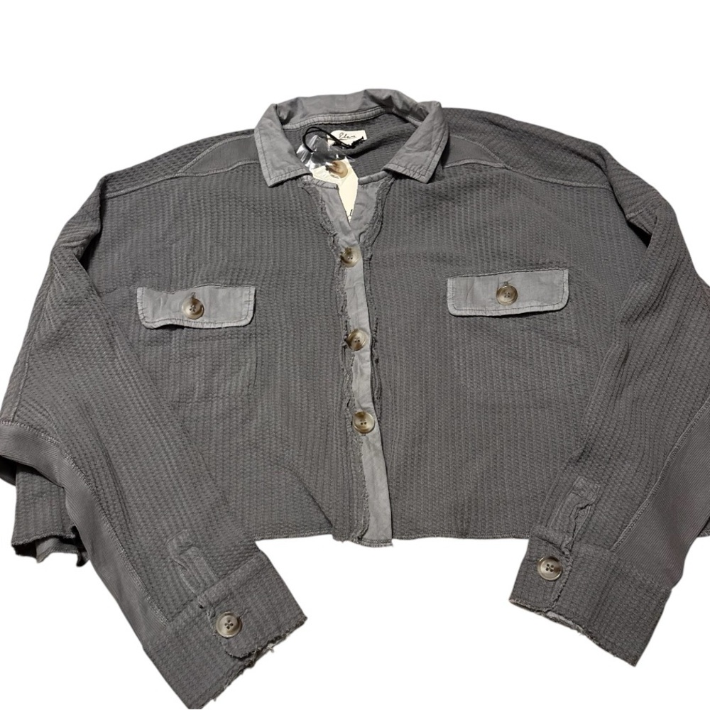 Elan Oversized Cropped Button Down Waffle Knit Cotton Long Sleeve Shirt Top NWT
